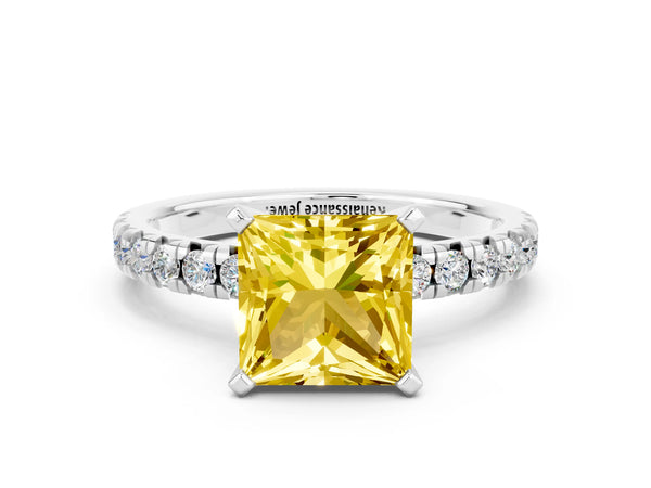 Platinum Princess Cut Yellow Sapphire Solitaire Pavé Engagement Ring with Round Band and Prong Setting