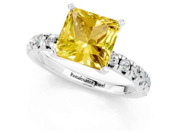 Silver Princess Cut Yellow Sapphire Solitaire Pavé Engagement Ring with Round Band and Prong Setting