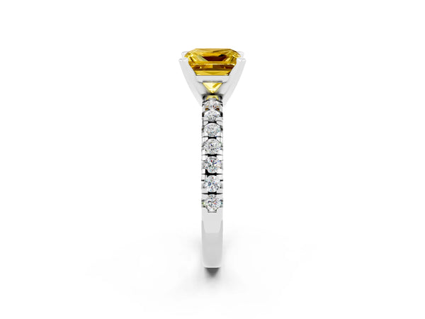 Silver Princess Cut Yellow Sapphire Solitaire Pavé Engagement Ring with Round Band and Prong Setting
