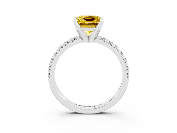 Platinum Princess Cut Yellow Sapphire Solitaire Pavé Engagement Ring with Round Band and Prong Setting
