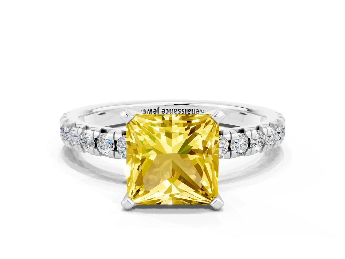 White gold Princess Cut Yellow Sapphire Solitaire Pavé Engagement Ring with Round Band and Prong Setting_84