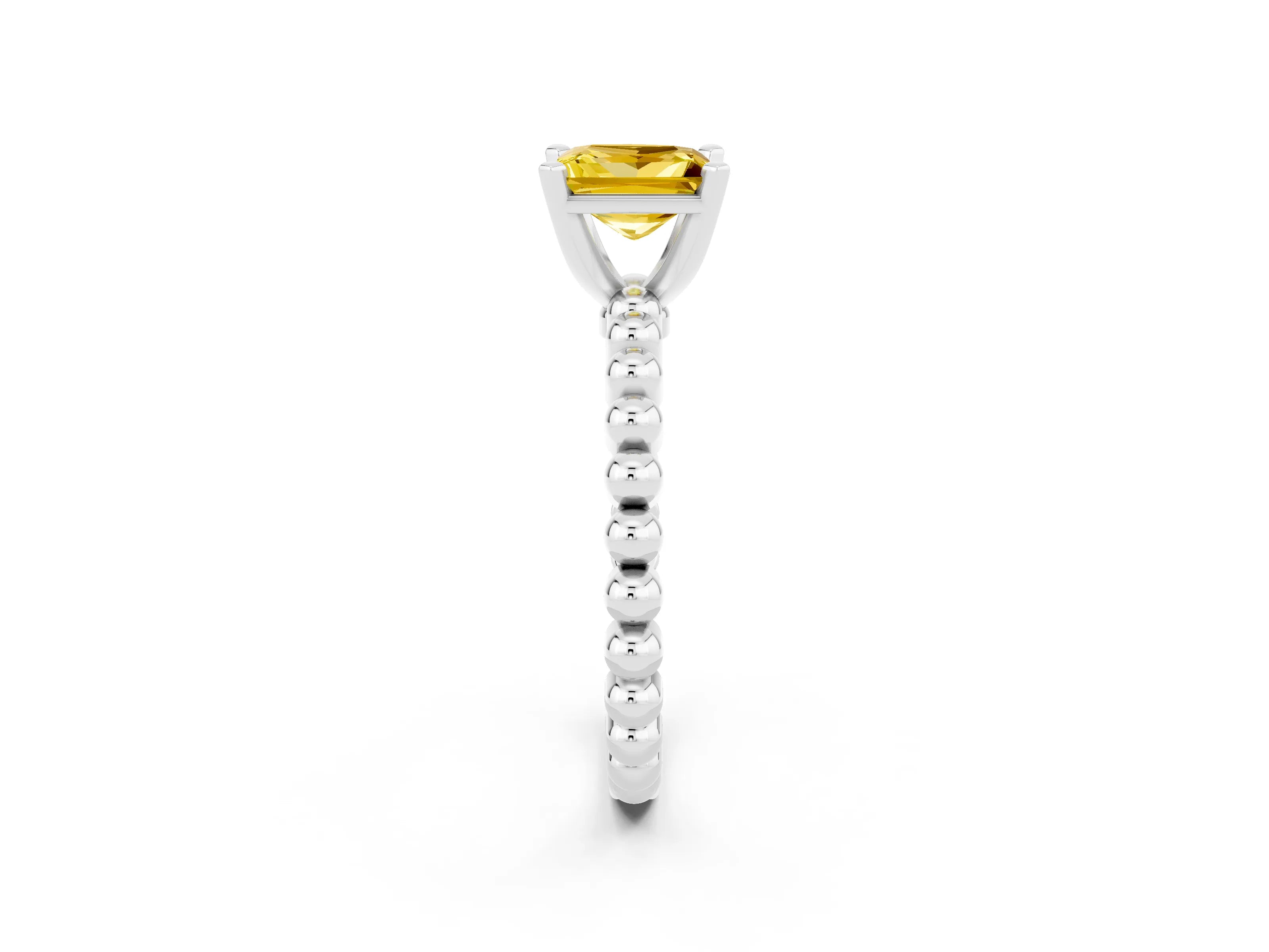 White gold Princess Cut Yellow Sapphire Solitaire Ring with Beaded Band and Prong Setting_14
