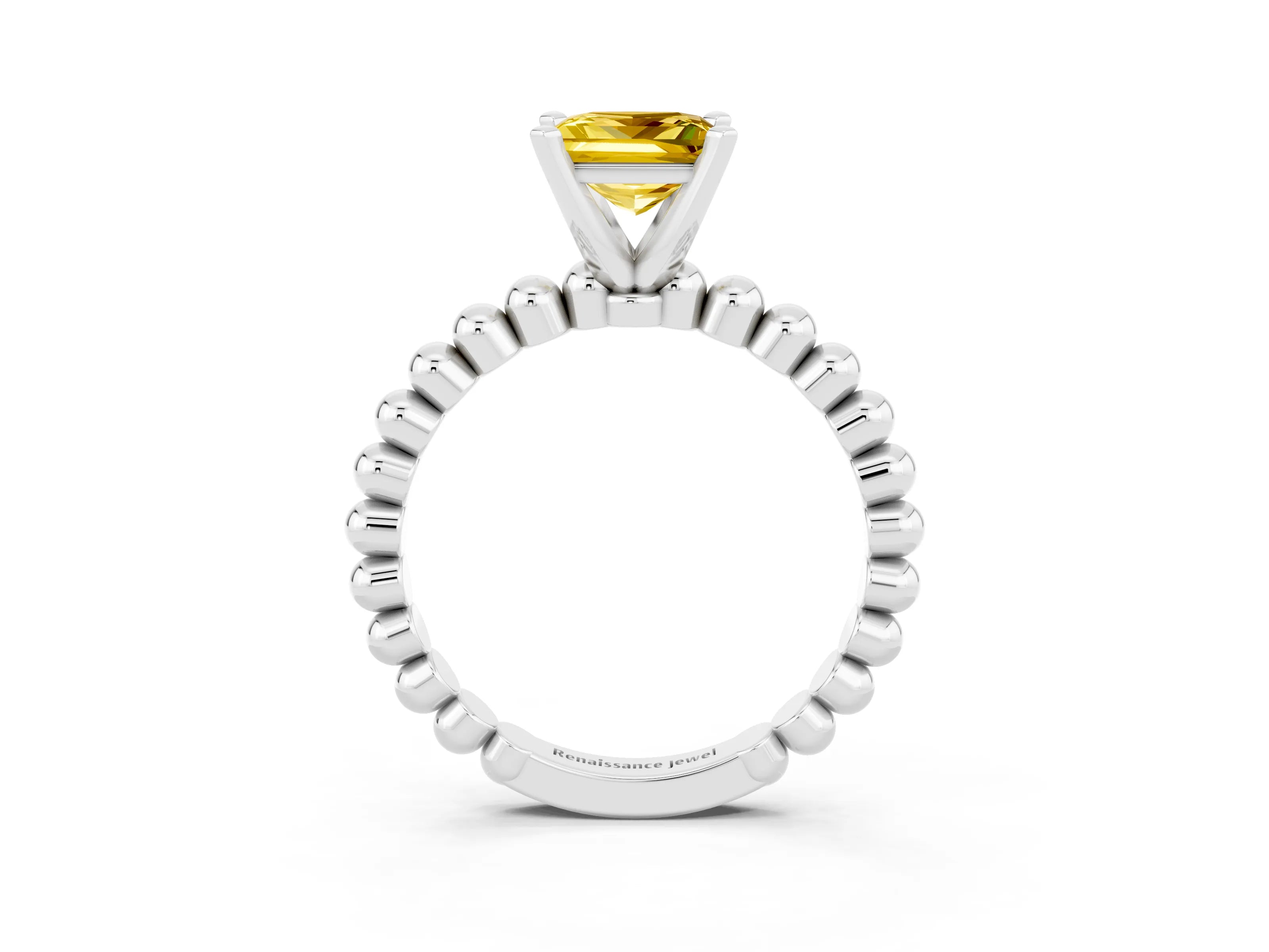 White gold Princess Cut Yellow Sapphire Solitaire Ring with Beaded Band and Prong Setting_15