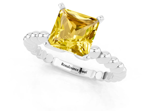 Silver Princess Cut Yellow Sapphire Solitaire Ring with Beaded Band and Prong Setting