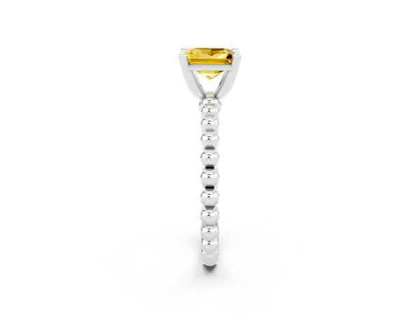 Silver Princess Cut Yellow Sapphire Solitaire Ring with Beaded Band and Prong Setting