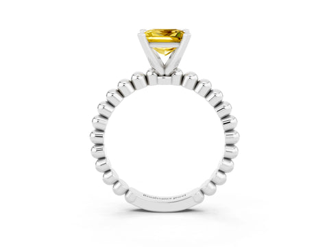 White gold Princess Cut Yellow Sapphire Solitaire Ring with Beaded Band and Prong Setting_3