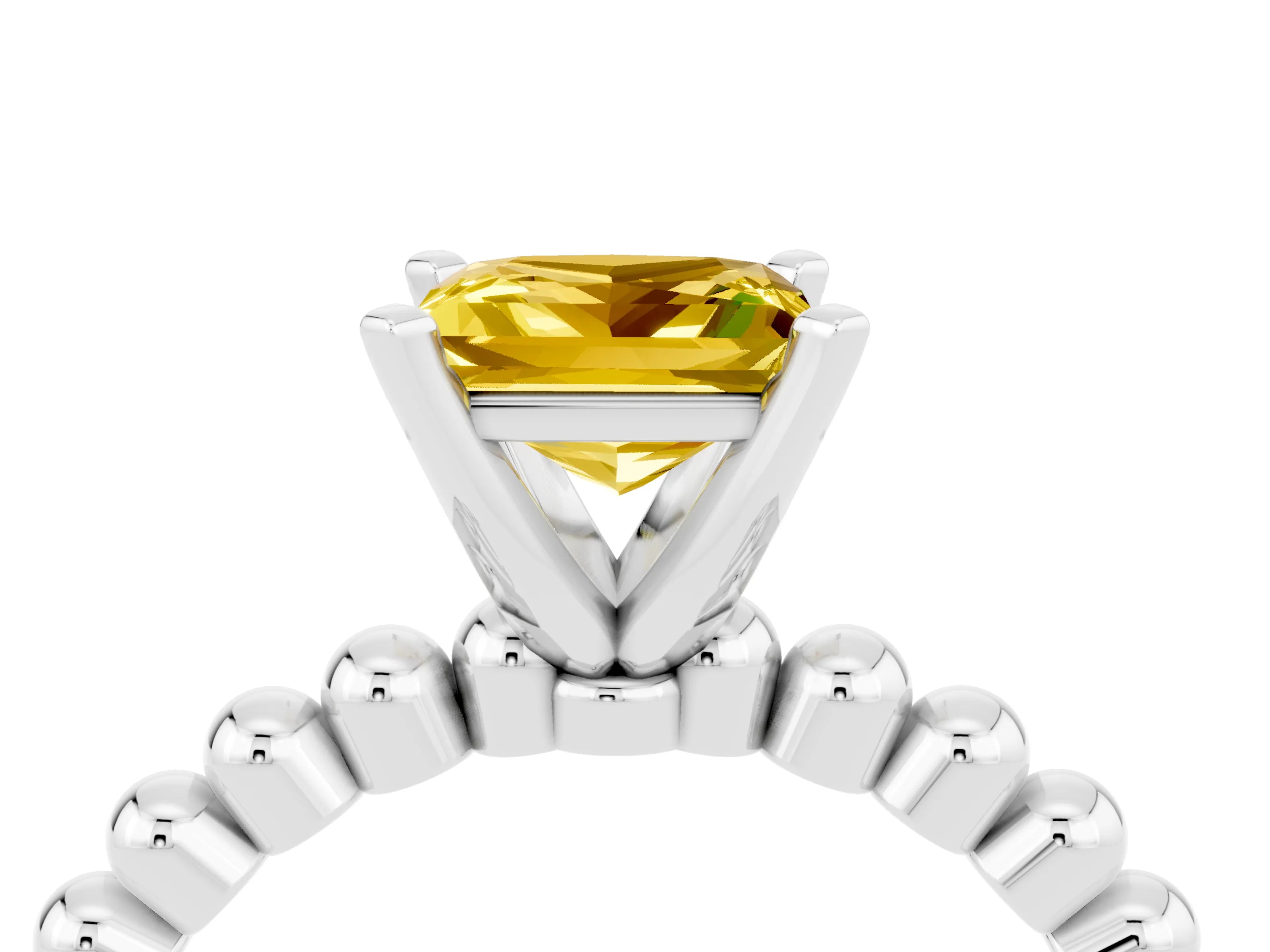 White gold Princess Cut Yellow Sapphire Solitaire Ring with Beaded Band and Prong Setting_4