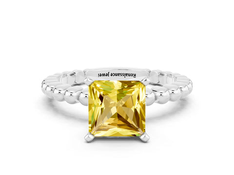White gold Princess Cut Yellow Sapphire Solitaire Ring with Beaded Band and Prong Setting