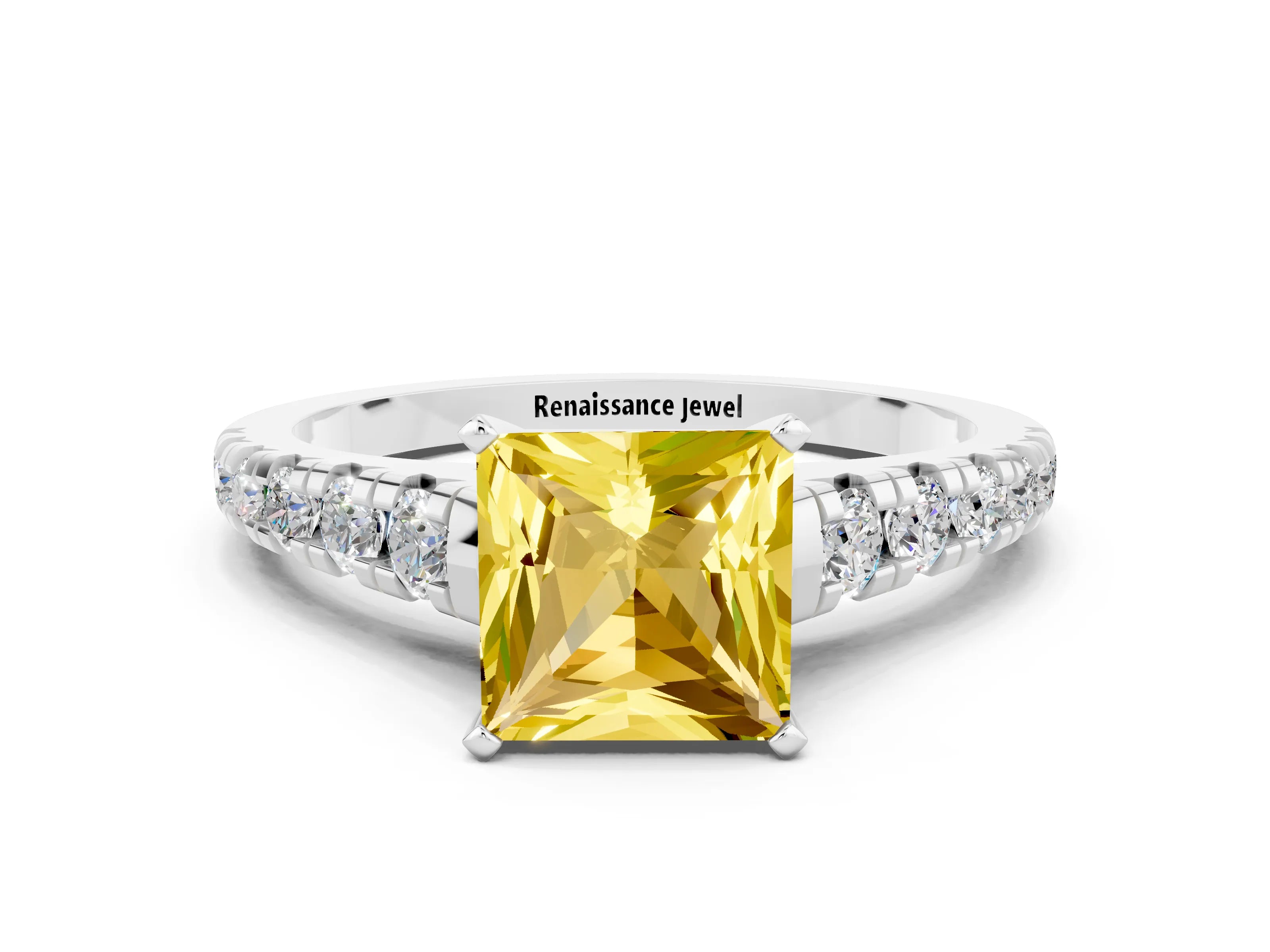 White gold Princess Cut Yellow Sapphire Solitaire Ring with Cathedral Setting and Pavé Band_24
