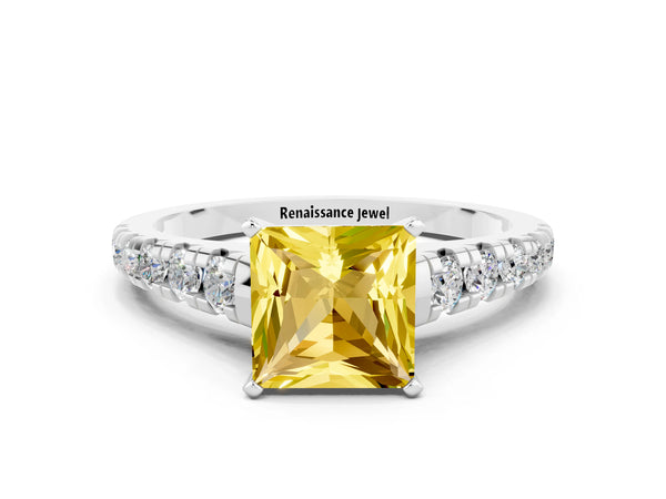 White gold Princess Cut Yellow Sapphire Cathedral Solitaire Ring with Round  Pavé Band