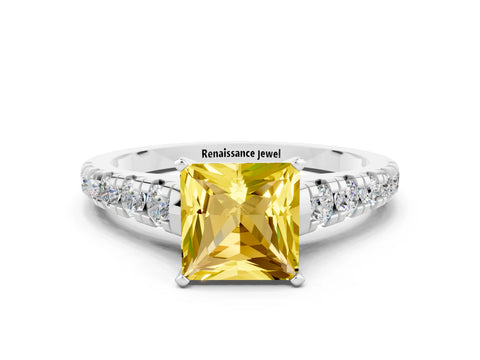 White gold Princess Cut Yellow Sapphire Solitaire Ring with Cathedral Setting and Pavé Band_24