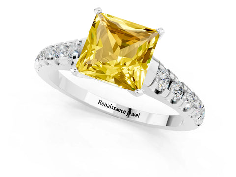 White gold Princess Cut Yellow Sapphire Solitaire Ring with Cathedral Setting and Pavé Band_25