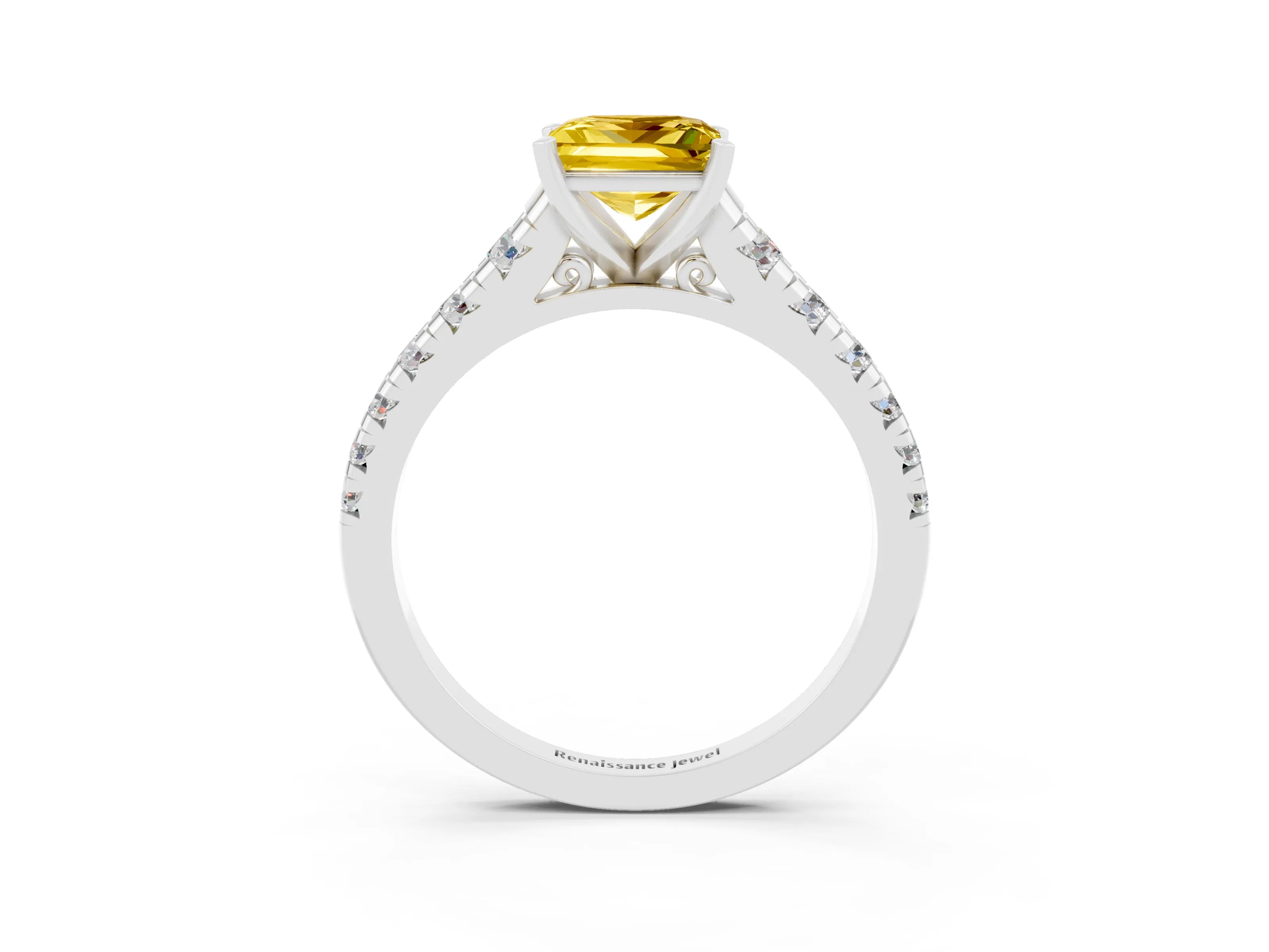 White gold Princess Cut Yellow Sapphire Solitaire Ring with Cathedral Setting and Pavé Band_27