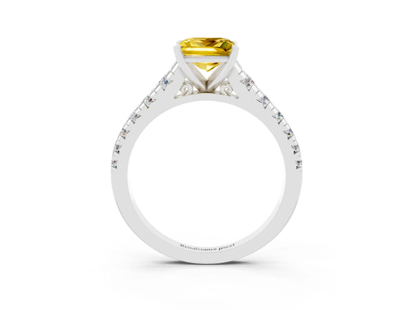 White gold Princess Cut Yellow Sapphire Cathedral Solitaire Ring with Round  Pavé Band