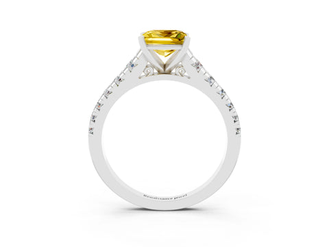 White gold Princess Cut Yellow Sapphire Solitaire Ring with Cathedral Setting and Pavé Band_27