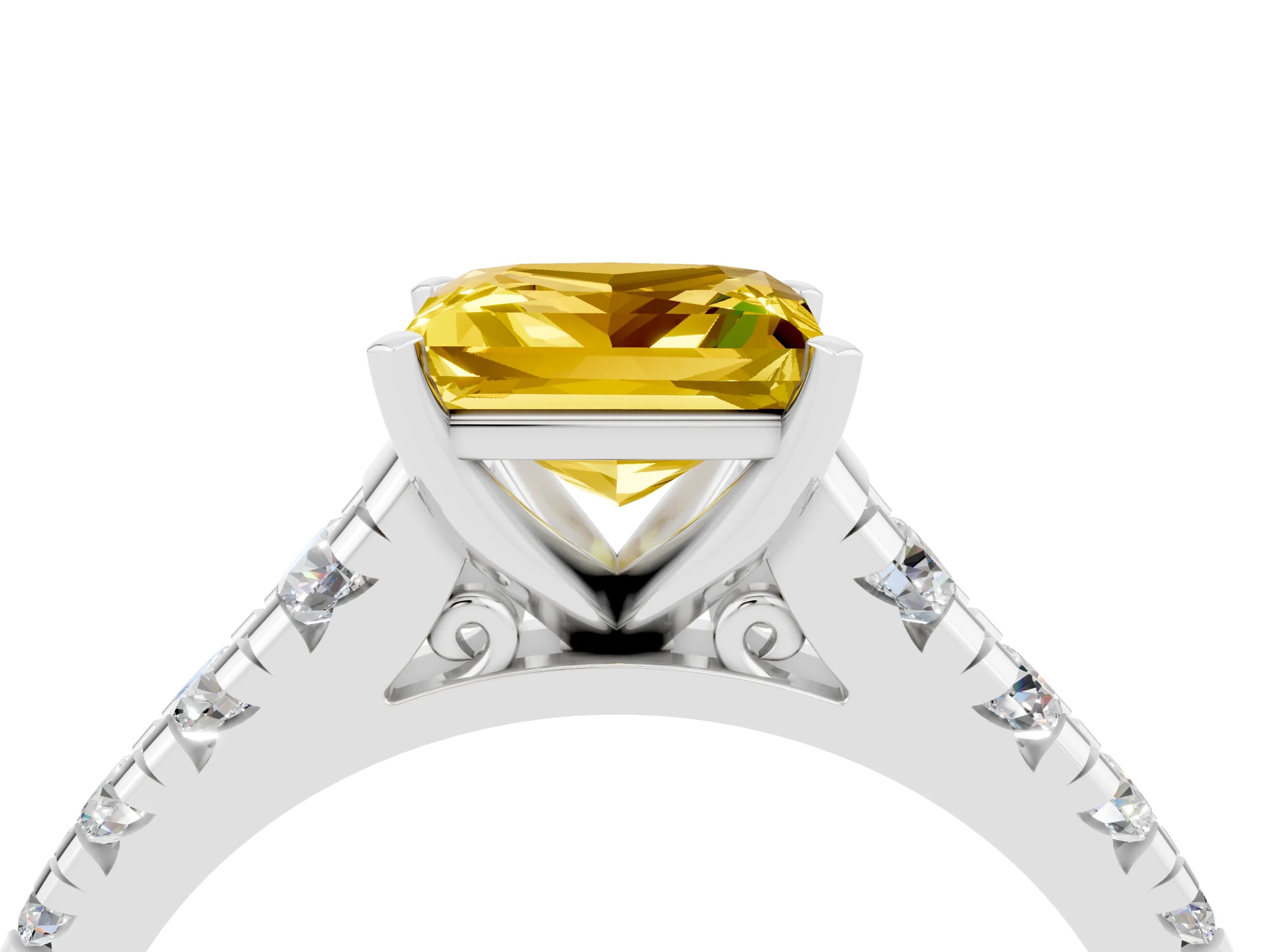 White gold Princess Cut Yellow Sapphire Solitaire Ring with Cathedral Setting and Pavé Band_28