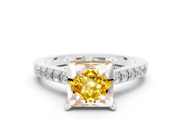 Platinum Princess Cut Yellow Sapphire Solitaire Ring with Crossover Gallery and Round  Pavé Band