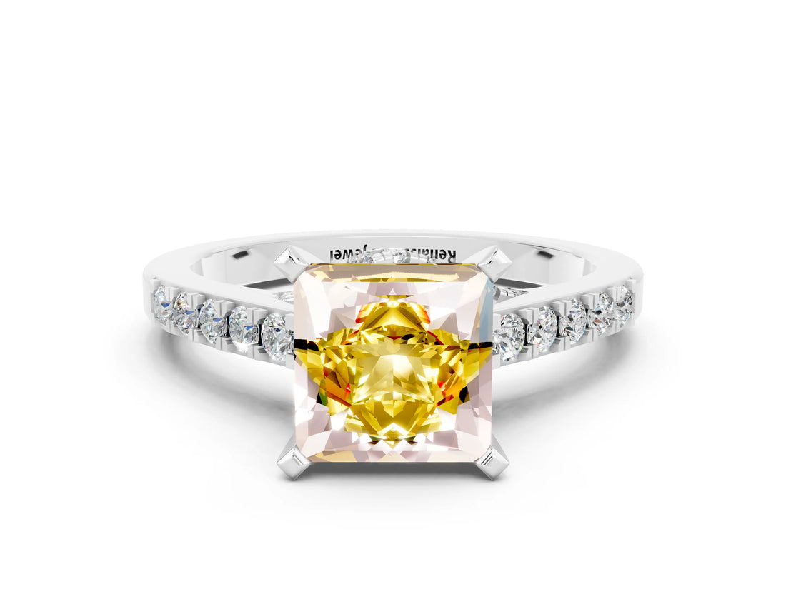 White gold Princess Cut Yellow Sapphire Solitaire Ring with Crossover Gallery and Round  Pavé Band_12