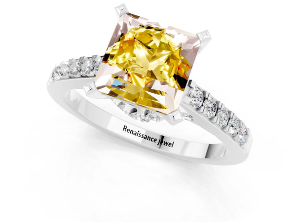 Silver Princess Cut Yellow Sapphire Solitaire Ring with Crossover Gallery and Round  Pavé Band