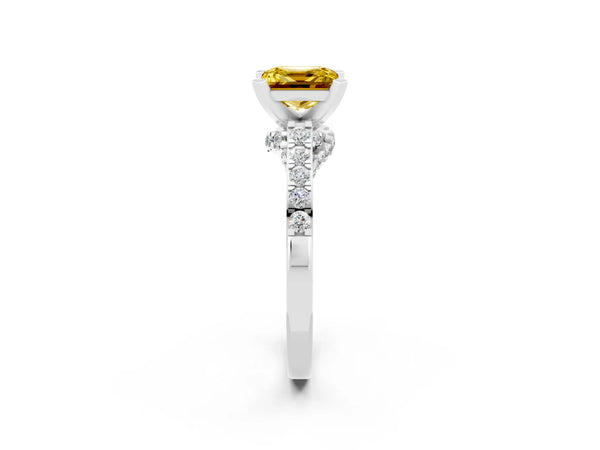 White gold Princess Cut Yellow Sapphire Solitaire Ring with Crossover Gallery and Round  Pavé Band