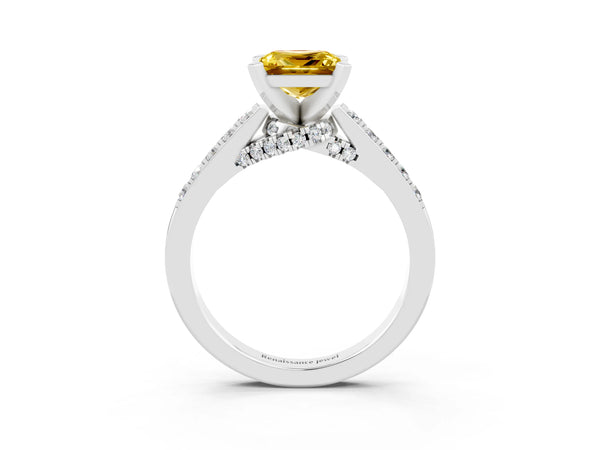 Platinum Princess Cut Yellow Sapphire Solitaire Ring with Crossover Gallery and Round  Pavé Band
