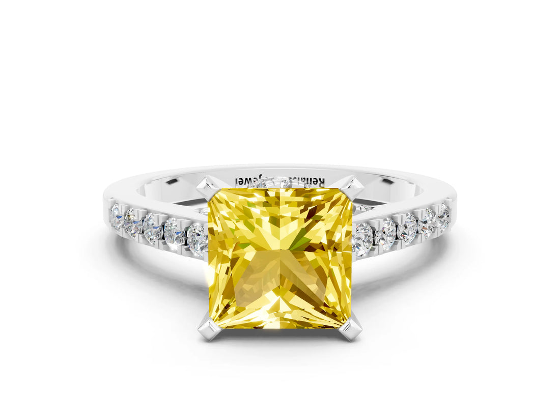 White gold Princess Cut Yellow Sapphire Solitaire Ring with Crossover Gallery and Round  Pavé Band_36