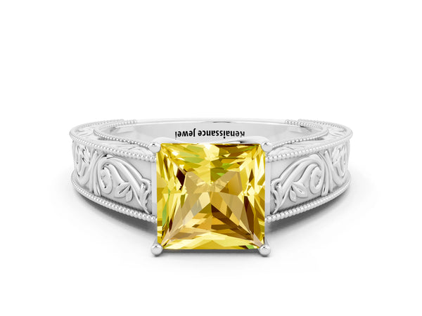 Platinum Princess Cut Yellow Sapphire Solitaire Ring with Engraved Band and Four-Prong Setting