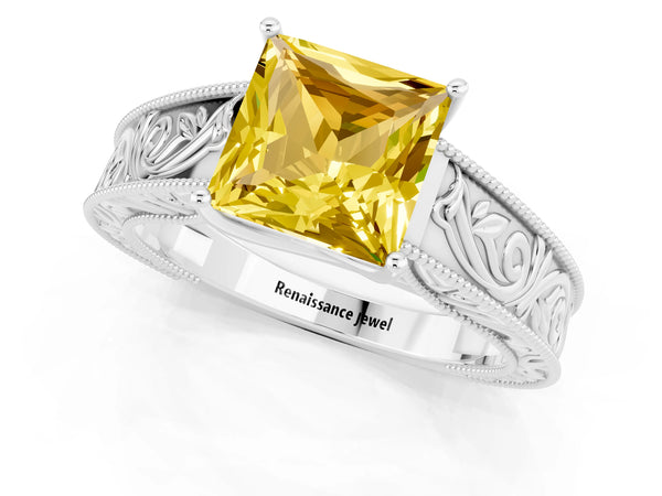 Platinum Princess Cut Yellow Sapphire Solitaire Ring with Engraved Band and Four-Prong Setting
