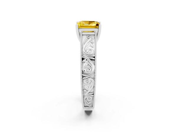 White gold Princess Cut Yellow Sapphire Solitaire Ring with Engraved Band and Four-Prong Setting