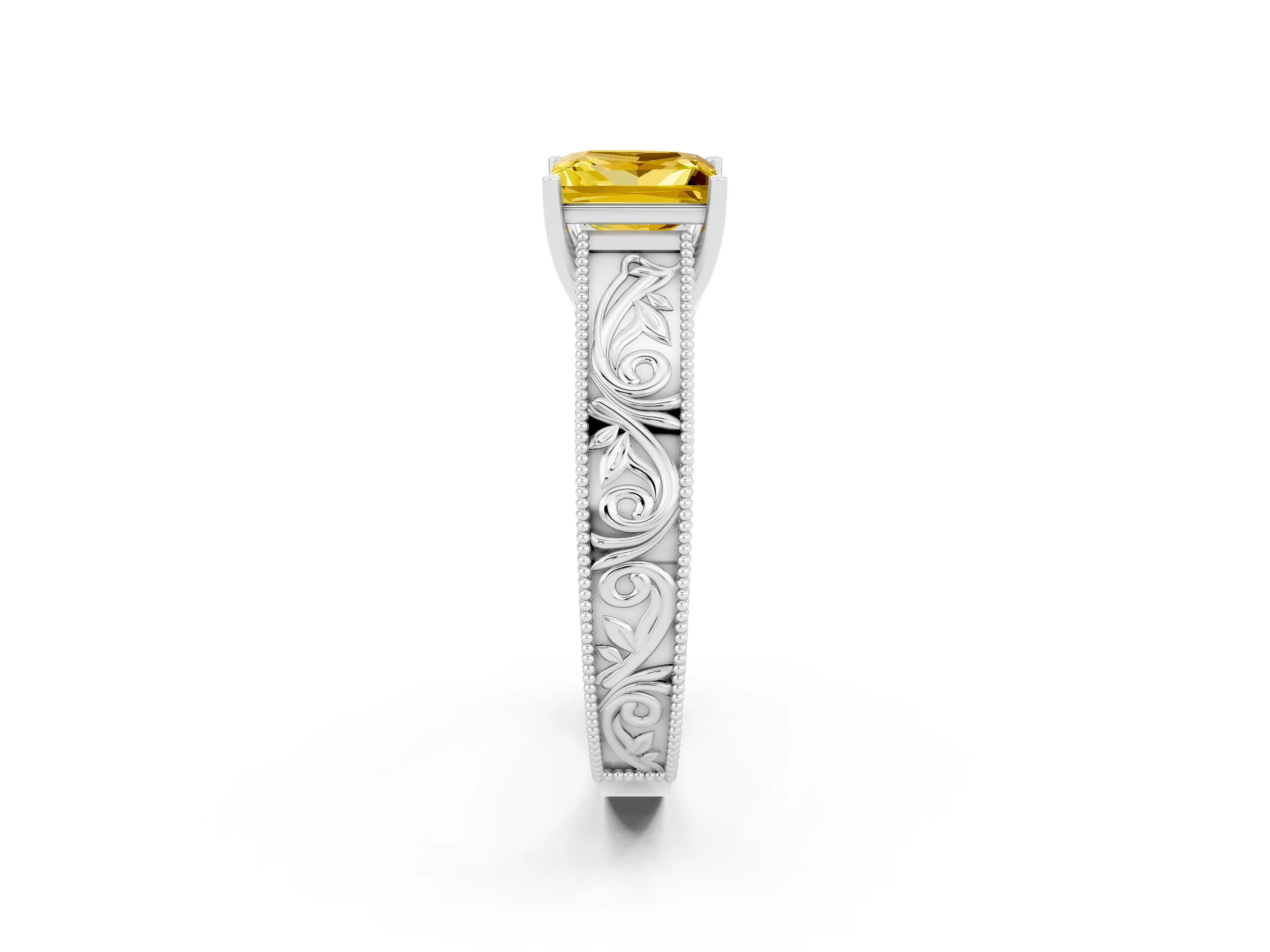White gold Princess Cut Yellow Sapphire Solitaire Ring with Engraved Band and Four-Prong Setting_2