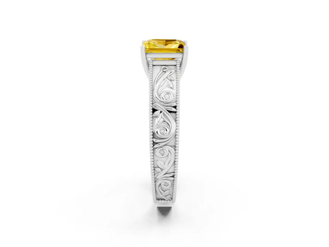 White gold Princess Cut Yellow Sapphire Solitaire Ring with Engraved Band and Four-Prong Setting_2