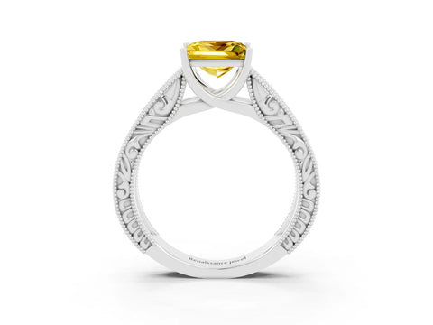White gold Princess Cut Yellow Sapphire Solitaire Ring with Engraved Band and Four-Prong Setting_3