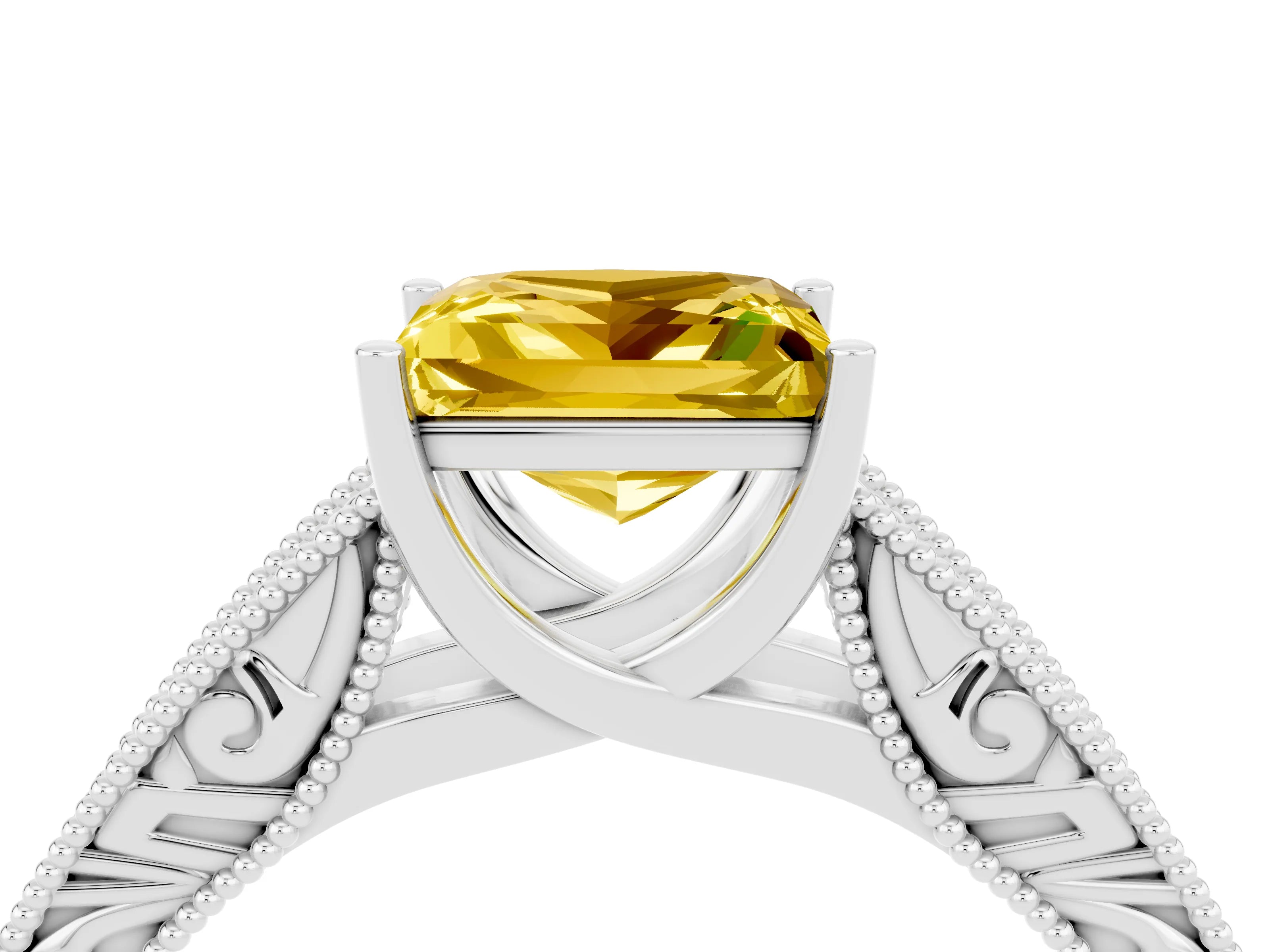 White gold Princess Cut Yellow Sapphire Solitaire Ring with Engraved Band and Four-Prong Setting_4
