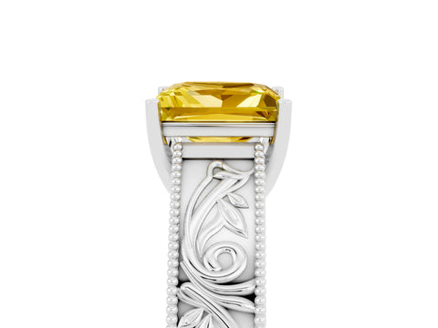 White gold Princess Cut Yellow Sapphire Solitaire Ring with Engraved Band and Four-Prong Setting_5