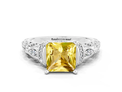 White gold Princess Cut Yellow Sapphire Solitaire Ring with Filigree Band and Four-Prong Setting_48
