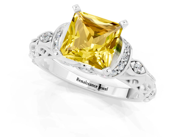Silver Princess Cut Yellow Sapphire Solitaire Ring with Filigree Band and Four-Prong Setting