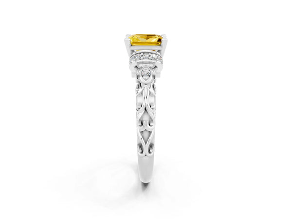 White gold Princess Cut Yellow Sapphire Solitaire Ring with Filigree Band and Four-Prong Setting