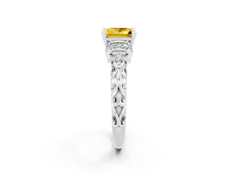 White gold Princess Cut Yellow Sapphire Solitaire Ring with Filigree Band and Four-Prong Setting_50