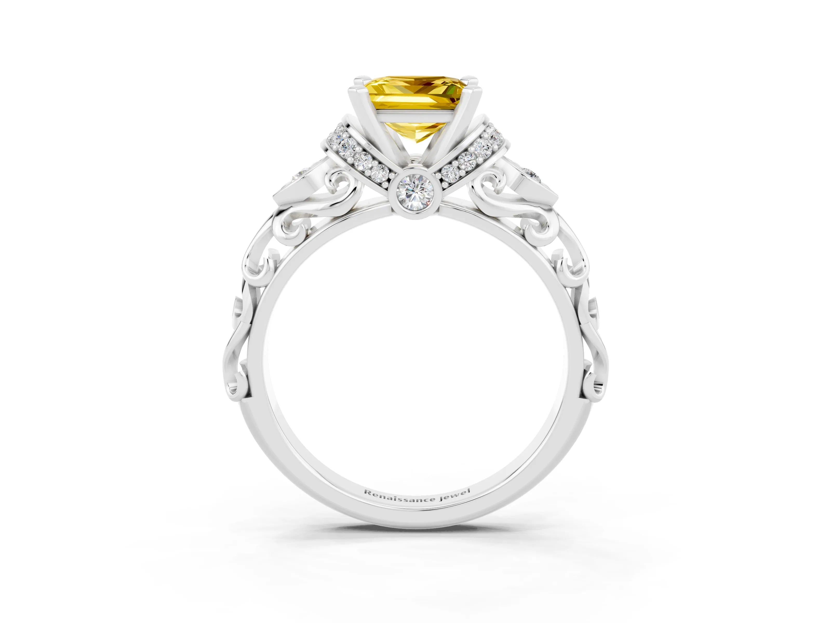 White gold Princess Cut Yellow Sapphire Solitaire Ring with Filigree Band and Four-Prong Setting_51