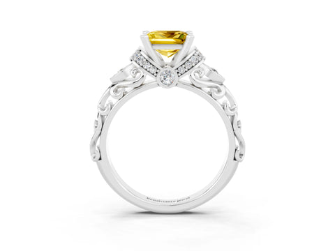 White gold Princess Cut Yellow Sapphire Solitaire Ring with Filigree Band and Four-Prong Setting_51