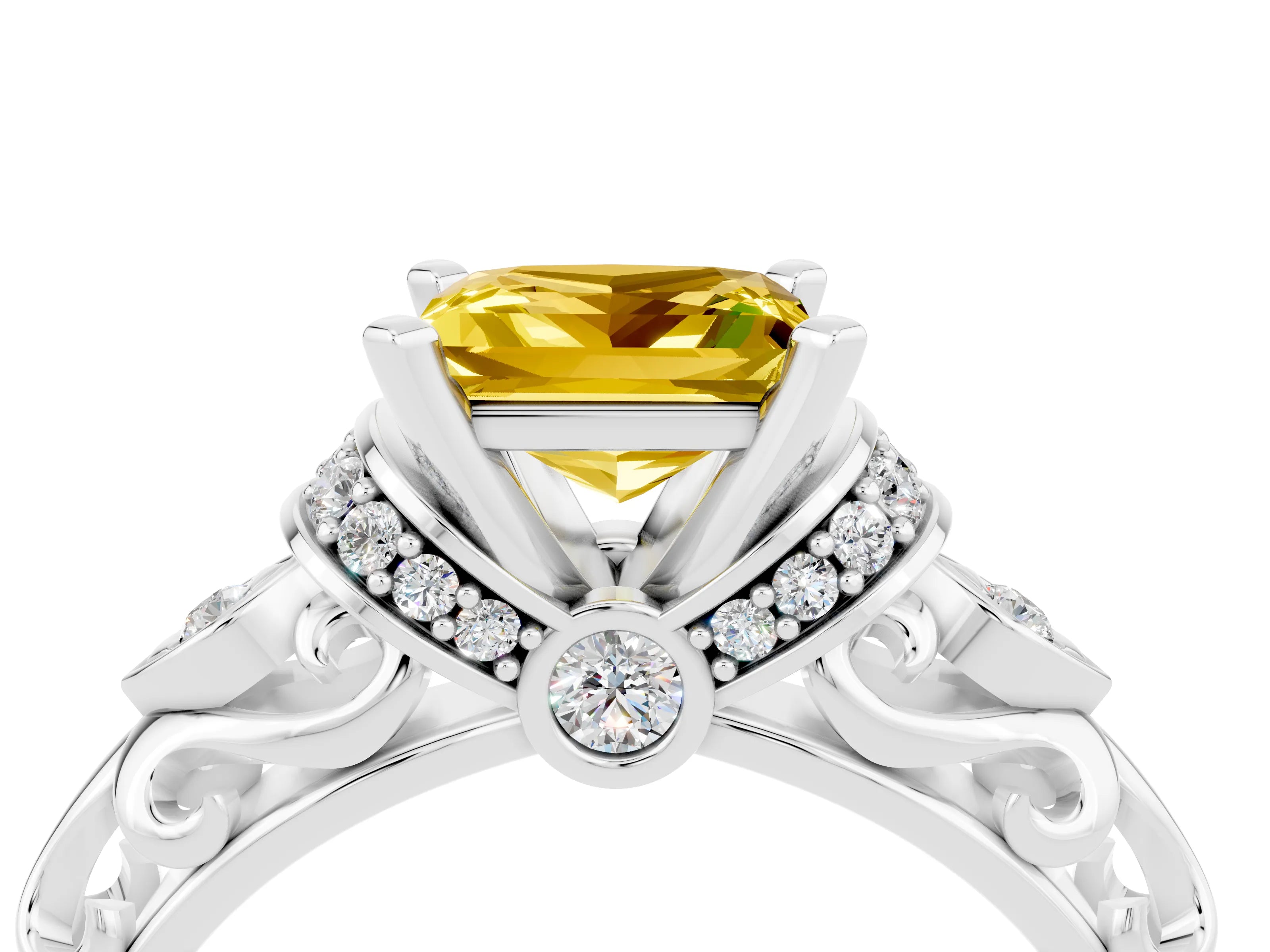 White gold Princess Cut Yellow Sapphire Solitaire Ring with Filigree Band and Four-Prong Setting_52
