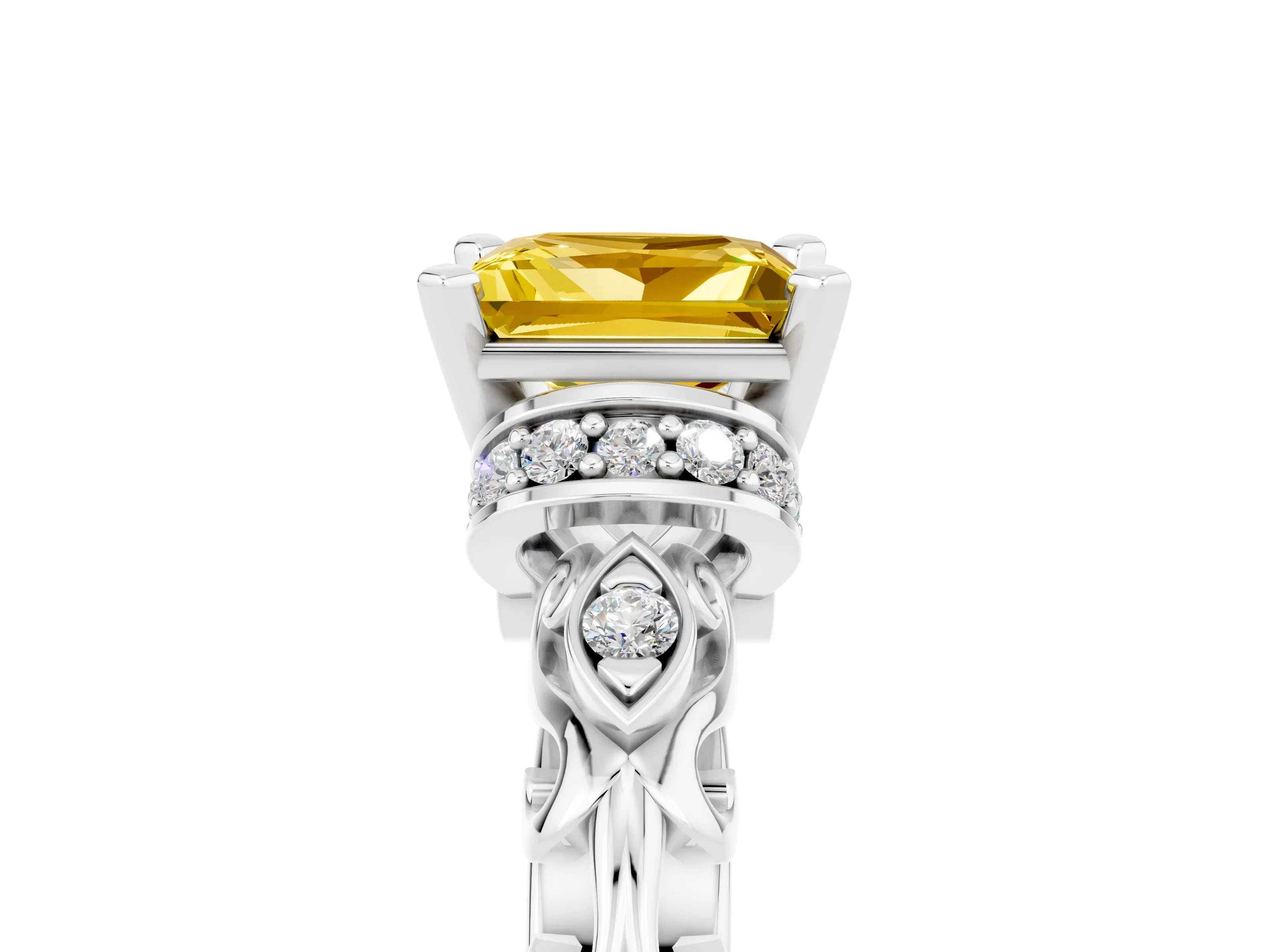 White gold Princess Cut Yellow Sapphire Solitaire Ring with Filigree Band and Four-Prong Setting_53