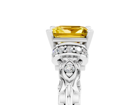 White gold Princess Cut Yellow Sapphire Solitaire Ring with Filigree Band and Four-Prong Setting_53