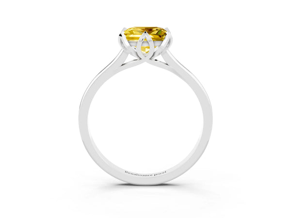 Silver Princess Cut Yellow Sapphire Solitaire Ring with Flower Prong Setting and Classic Band