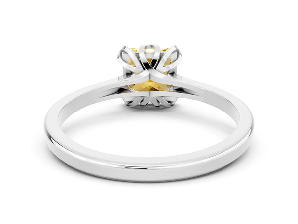 White gold Princess Cut Yellow Sapphire Solitaire Ring with Flower Prong Setting and Classic Band