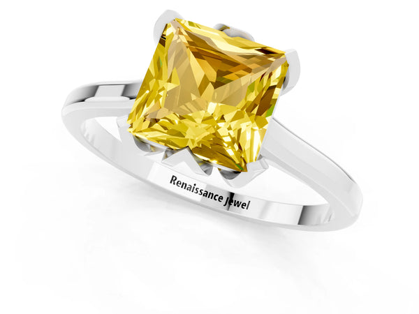 White gold Princess Cut Yellow Sapphire Solitaire Ring with Flower Prong Setting and Classic Band