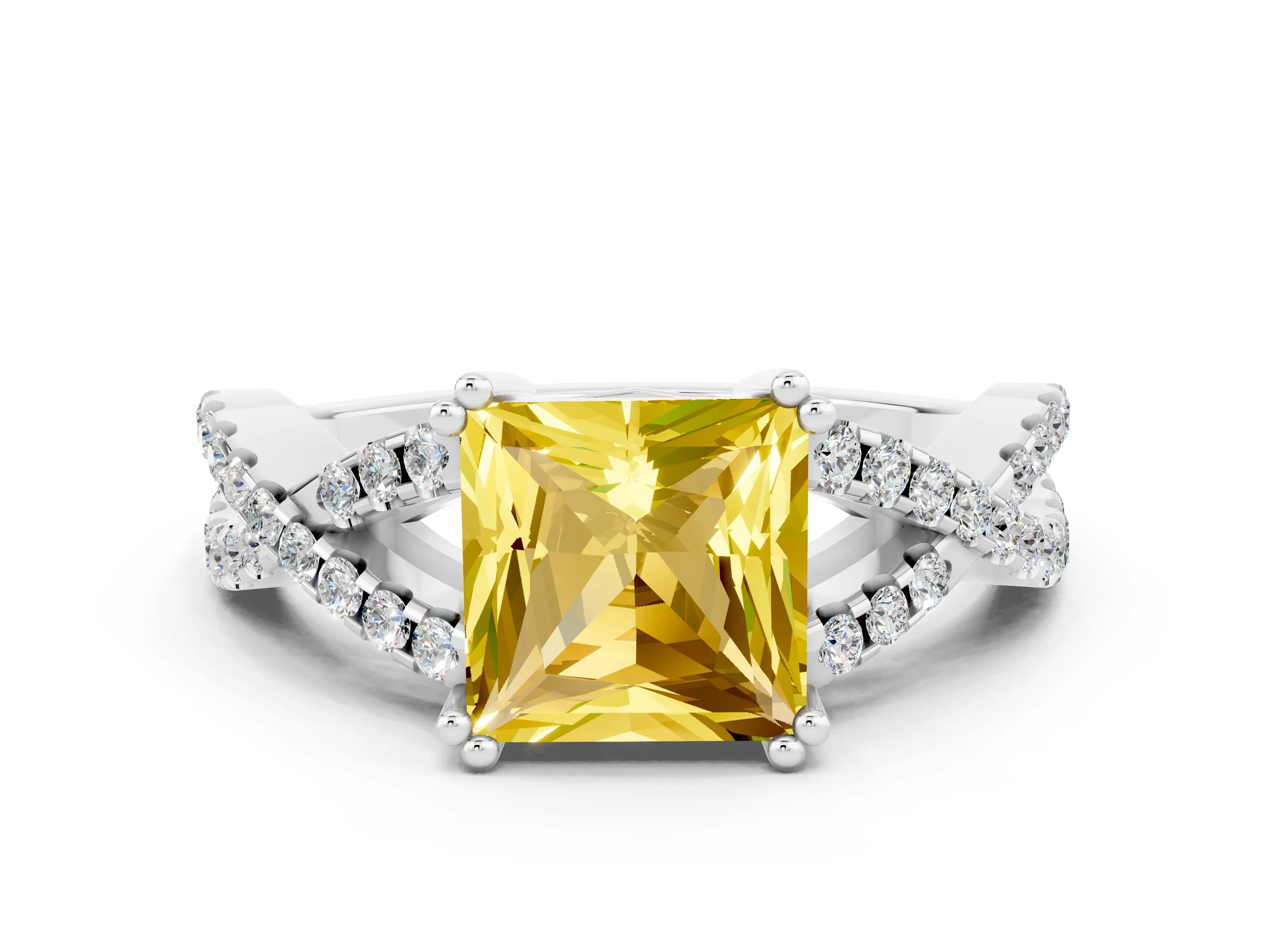 White gold Princess Cut Yellow Sapphire Solitaire Ring with Four-Prong Setting and Twisted Pavé Band_12