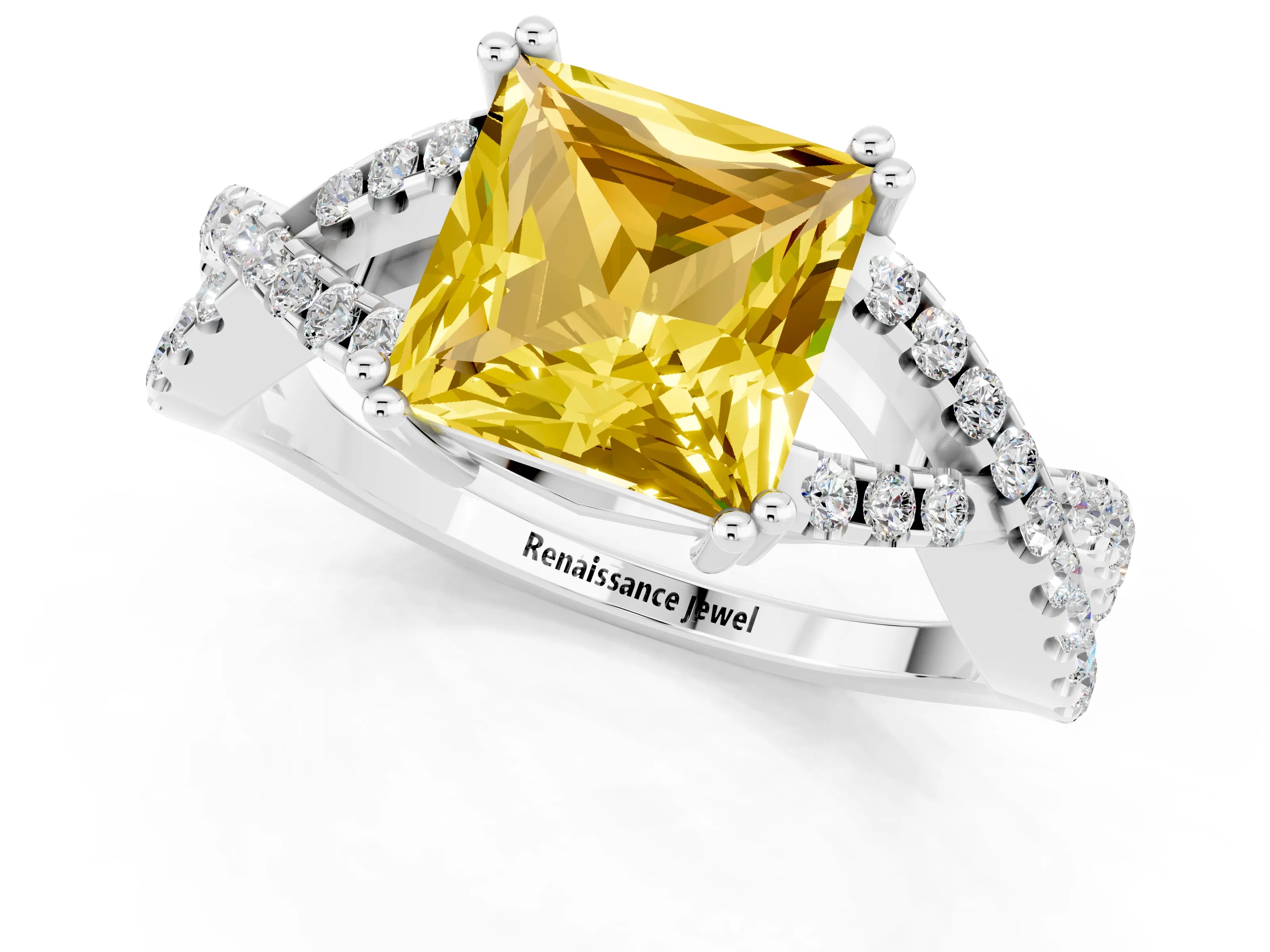 White gold Princess Cut Yellow Sapphire Solitaire Ring with Four-Prong Setting and Twisted Pavé Band_13