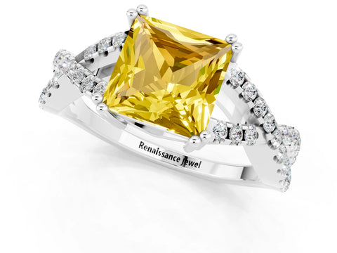 White gold Princess Cut Yellow Sapphire Solitaire Ring with Four-Prong Setting and Twisted Pavé Band_13