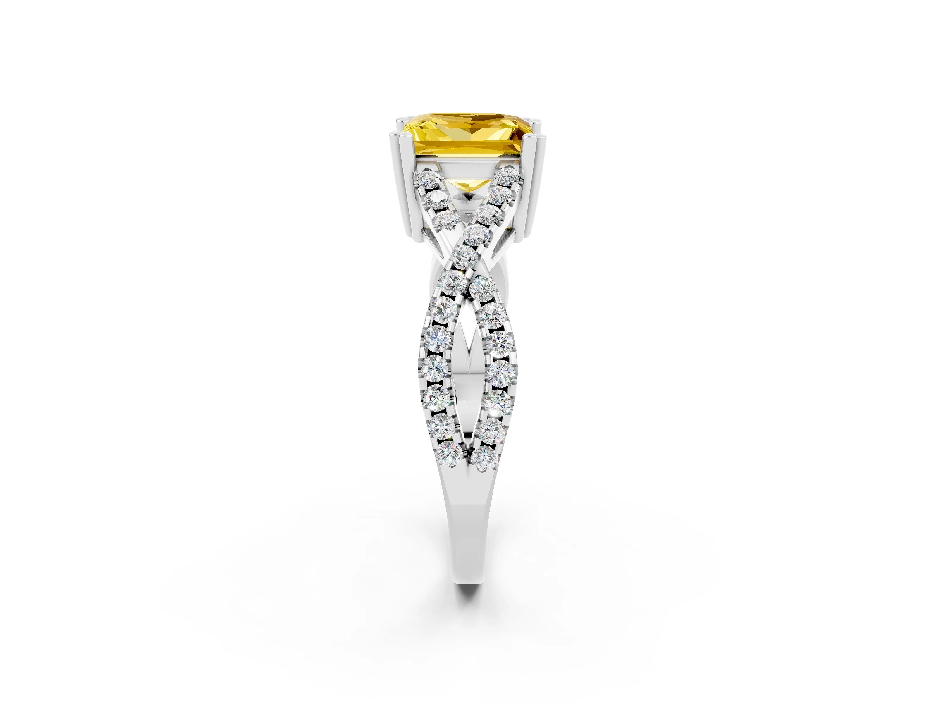 White gold Princess Cut Yellow Sapphire Solitaire Ring with Four-Prong Setting and Twisted Pavé Band_14